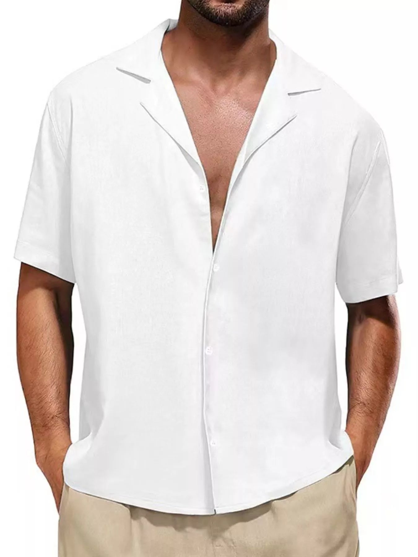 Men's casual short-sleeve shirt with buttons and pocket detailing in a cotton-spandex blend.