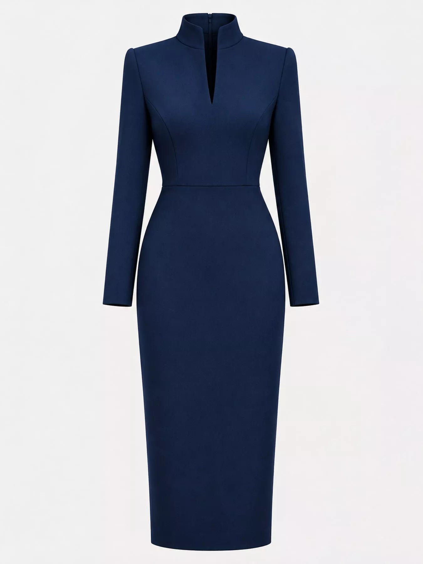 Navy stand collar long sleeve midi dress shown flat from the front