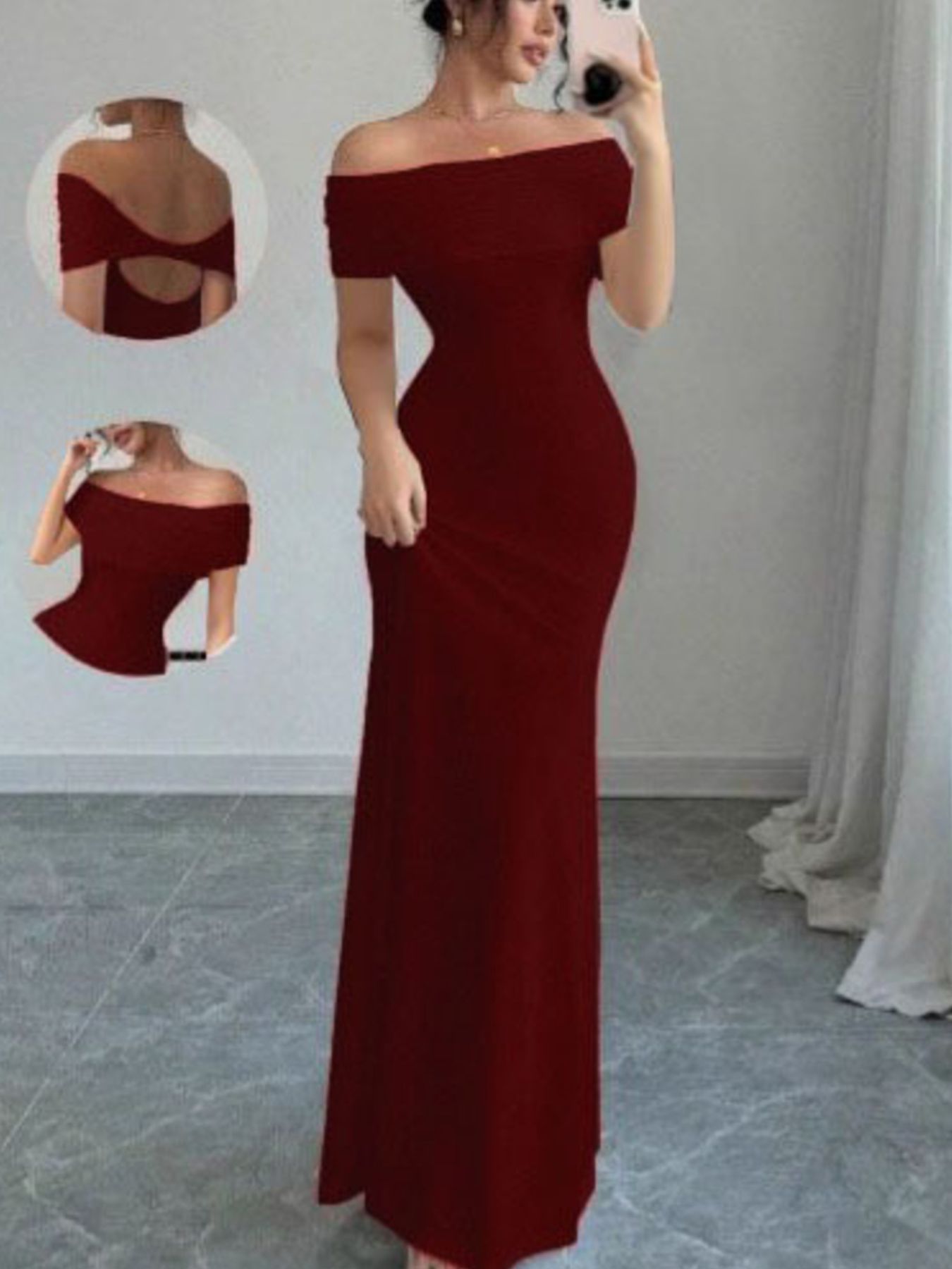 Model in full length mirror selfie wearing burgundy off shoulder bodycon maxi dress with back detail insets