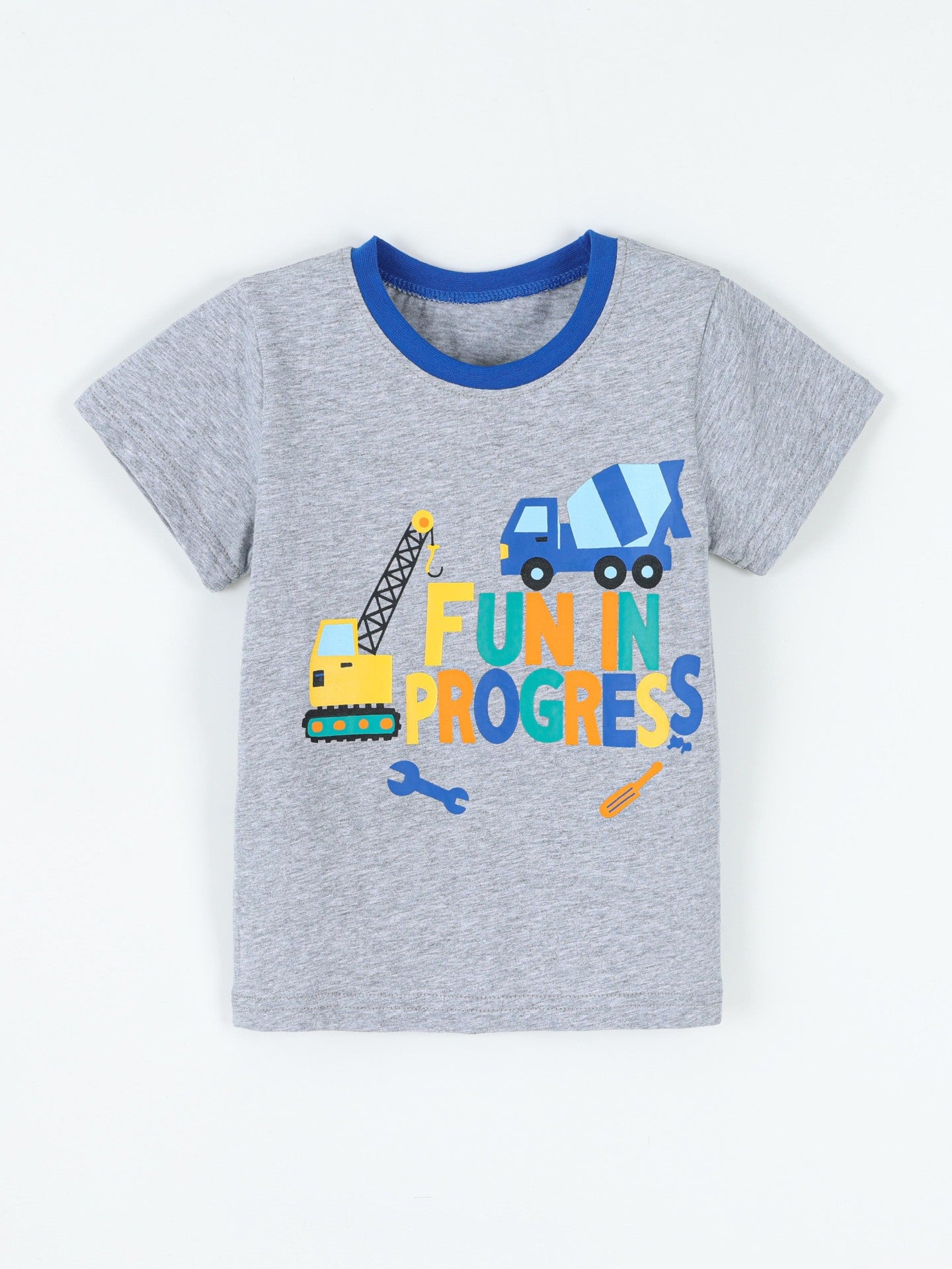 Front view of gray children's t-shirt with blue collar and construction vehicle graphic