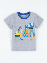 Front view of gray children's t-shirt with blue collar and construction vehicle graphic