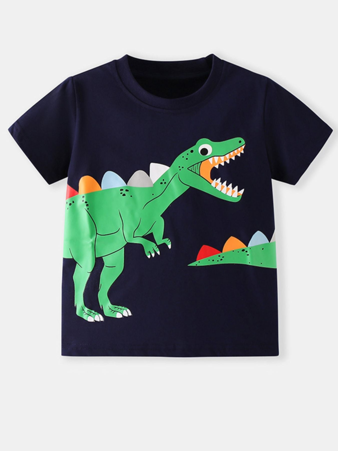 Black children's short sleeve T-shirt with a large green dinosaur graphic, laid flat in front view