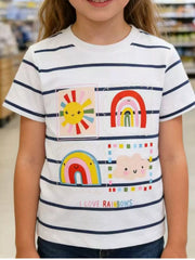Front view of a children's white striped t-shirt with rainbow sun and cloud graphics and colorful lettering