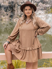 Women's tan plus-size mini dress with dot print and flounce sleeves.