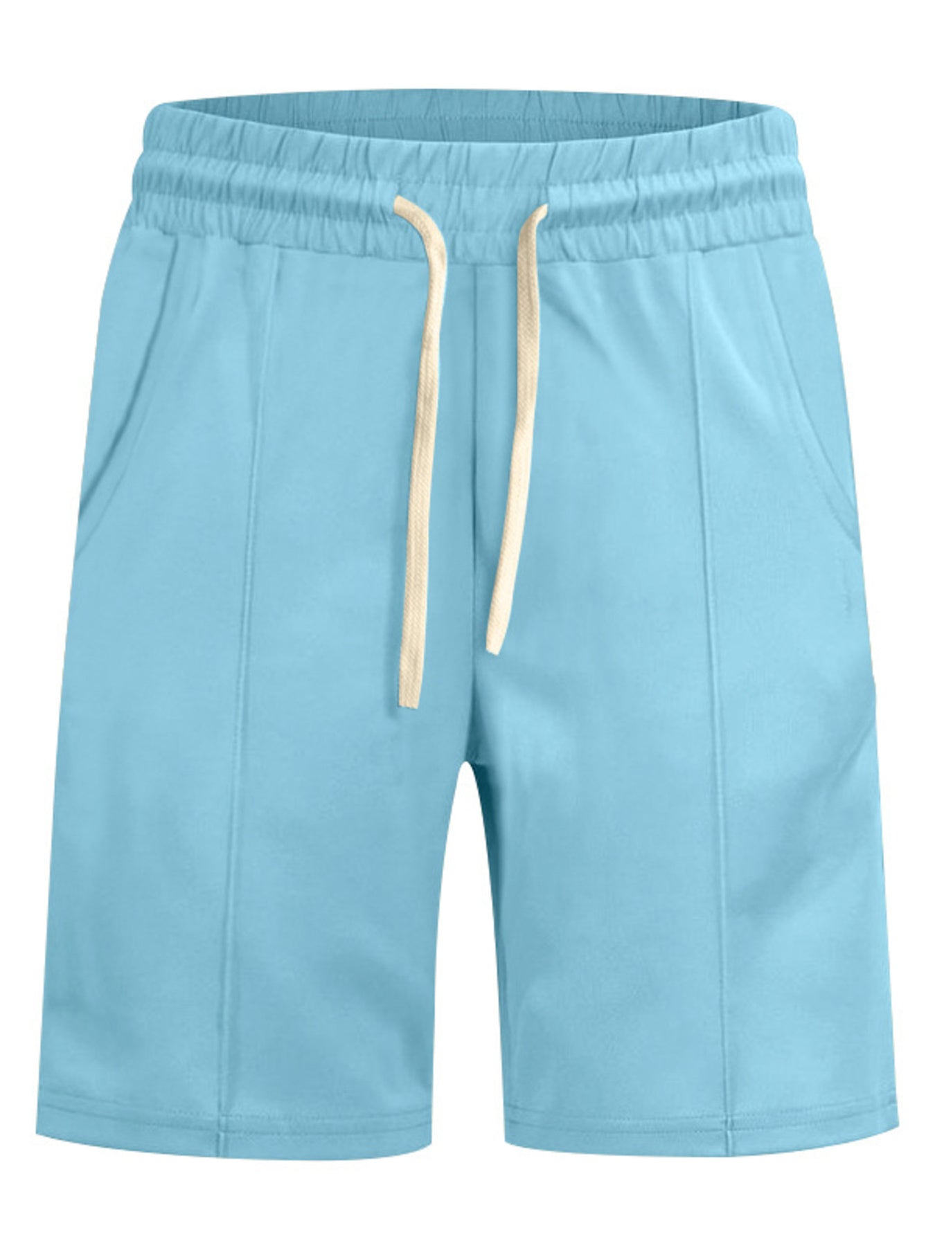 Men's light blue casual shorts with a drawstring waist and pockets.