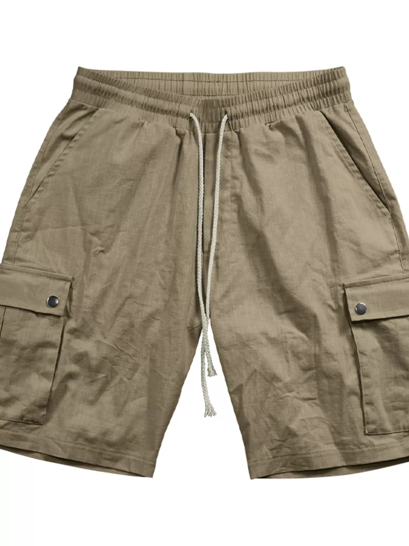 Men's khaki cargo shorts with a drawstring waist and pockets.