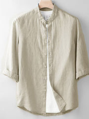 Men's button-up shirt with three-quarter sleeves in a cotton-spandex blend.