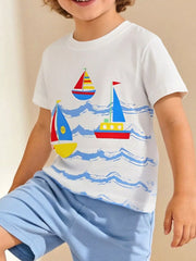 Children's white crew-neck T-shirt featuring a nautical sailboat print.