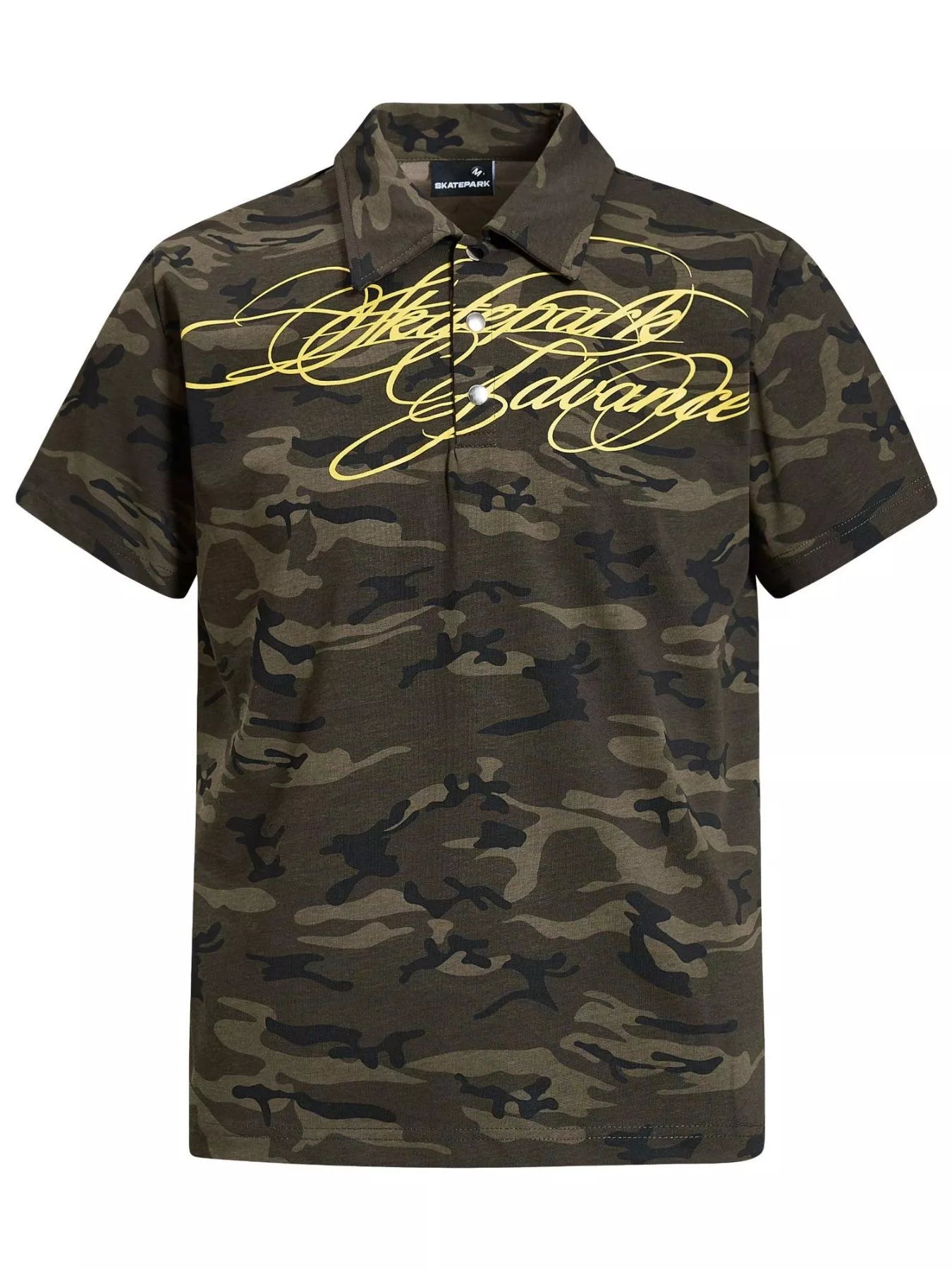 Men's camouflage short-sleeve polo made from a cotton-spandex blend.