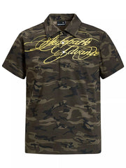Men's camouflage short-sleeve polo made from a cotton-spandex blend.