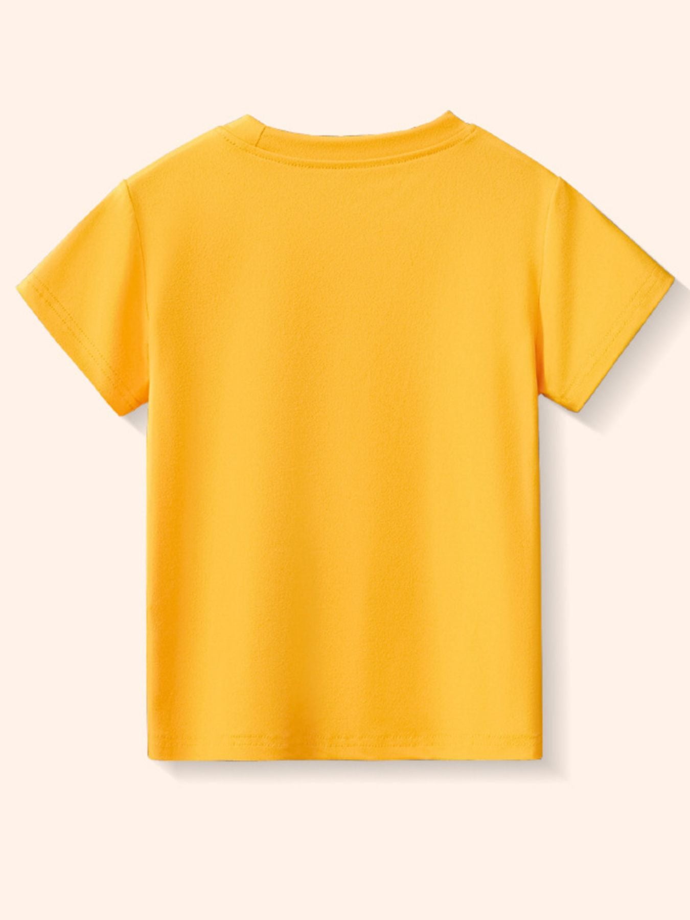 Back view of a plain gold children's short sleeve tee laid flat with a round neckline