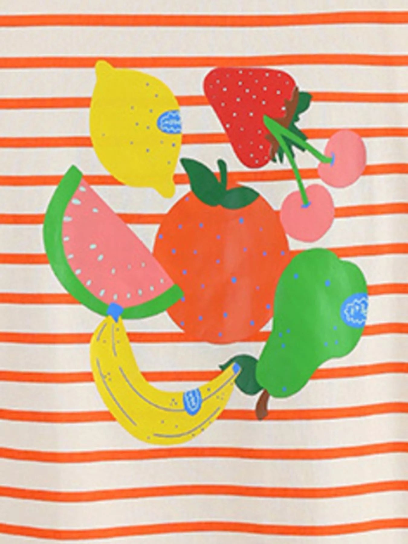 Close-up of the colourful fruit print with watermelon, banana, pear and cherries on the striped children's tee