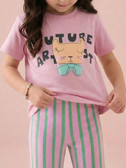 Pink children's short sleeve T-shirt shown worn with a sleeping cat face and mint bow graphic