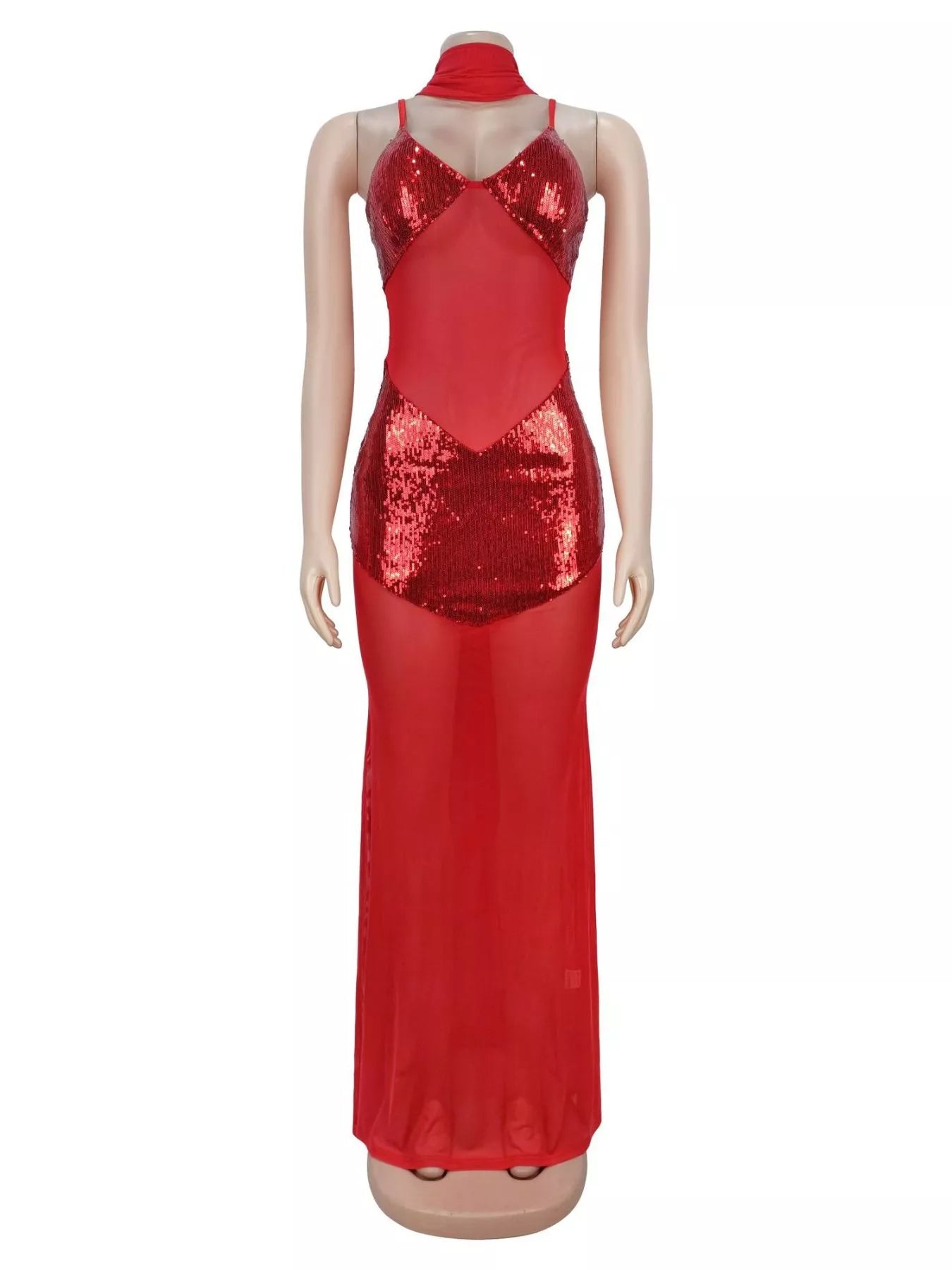 Front view of red sequin maxi dress on mannequin with sheer mesh bodice