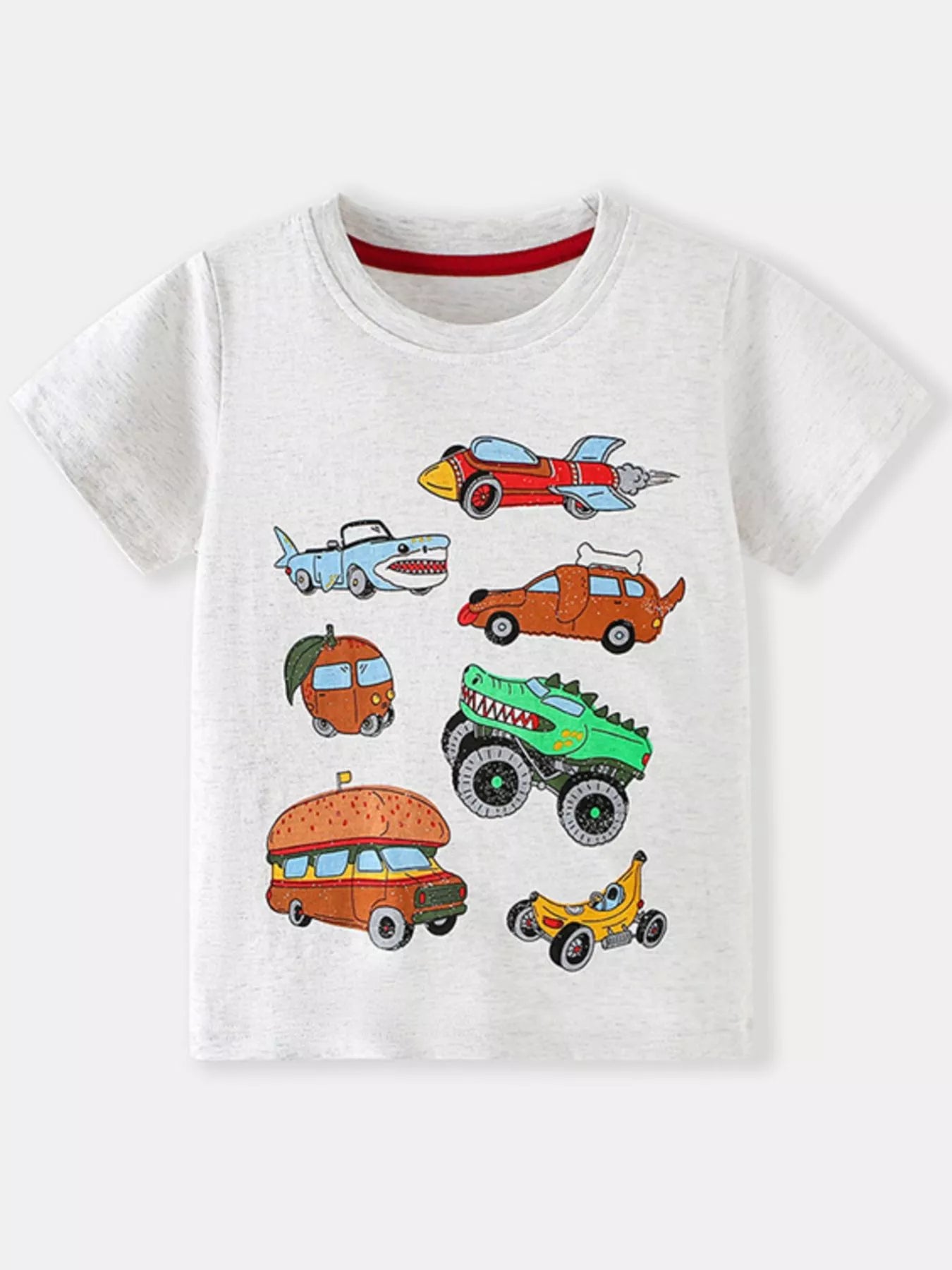 Front view of a light gray children's crew neck t-shirt with colorful cartoon vehicle prints and a dinosaur truck