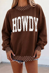 Brown sweatshirt with white polka dot HOWDY lettering and polka dot trim, front view