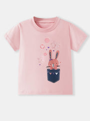 Flat front view of dusty pink children's tee with bunny pocket and flower graphics