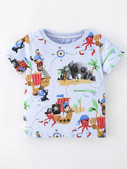 Front view of a light blue children's shirt with an all-over pirate ship, octopus, and compass print