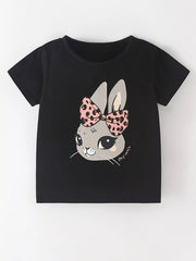 Black children's round neck T-shirt with a gray bunny face wearing a pink leopard print bow