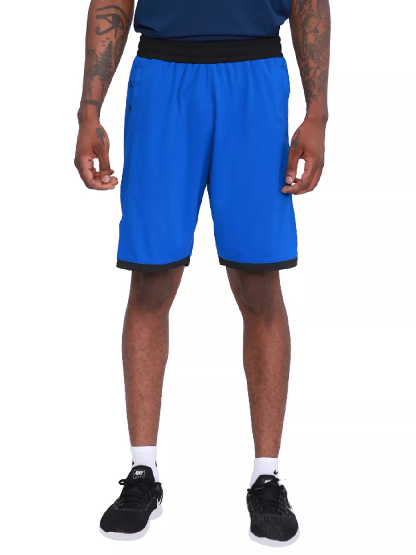 Men's blue active shorts with star print and lightweight, breathable fabric.
