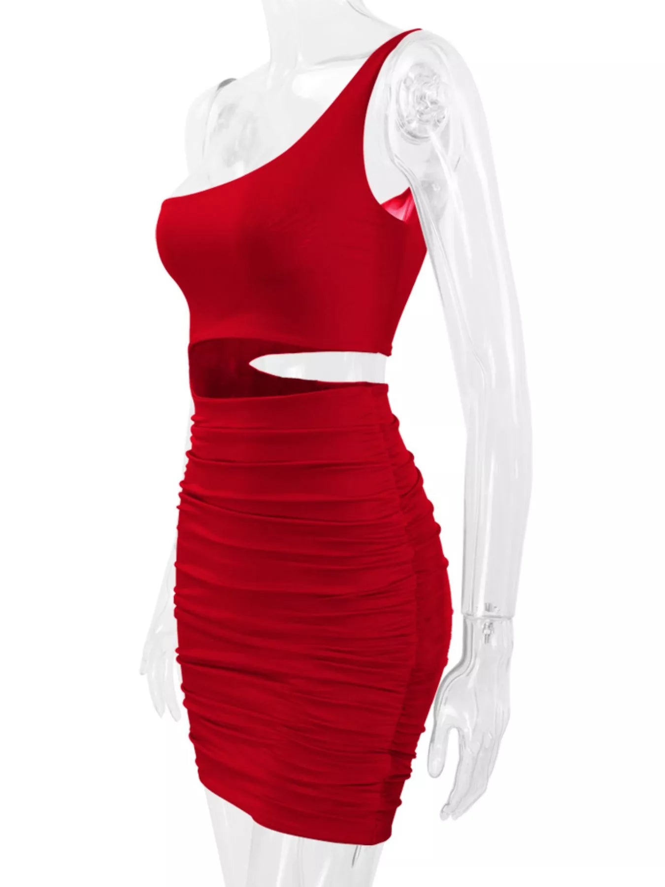 Side view of red one shoulder cutout ruched bodycon mini dress on a clear mannequin