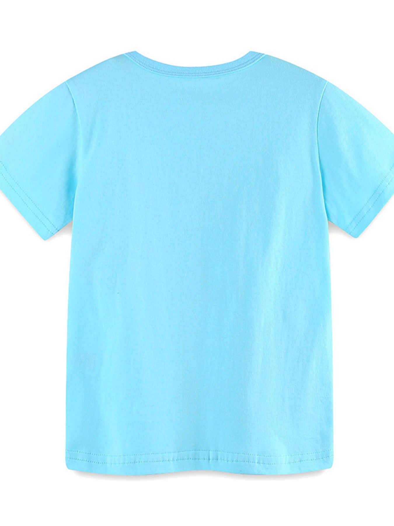 Back view of the plain pastel blue children's short sleeve T-shirt with stitched hem