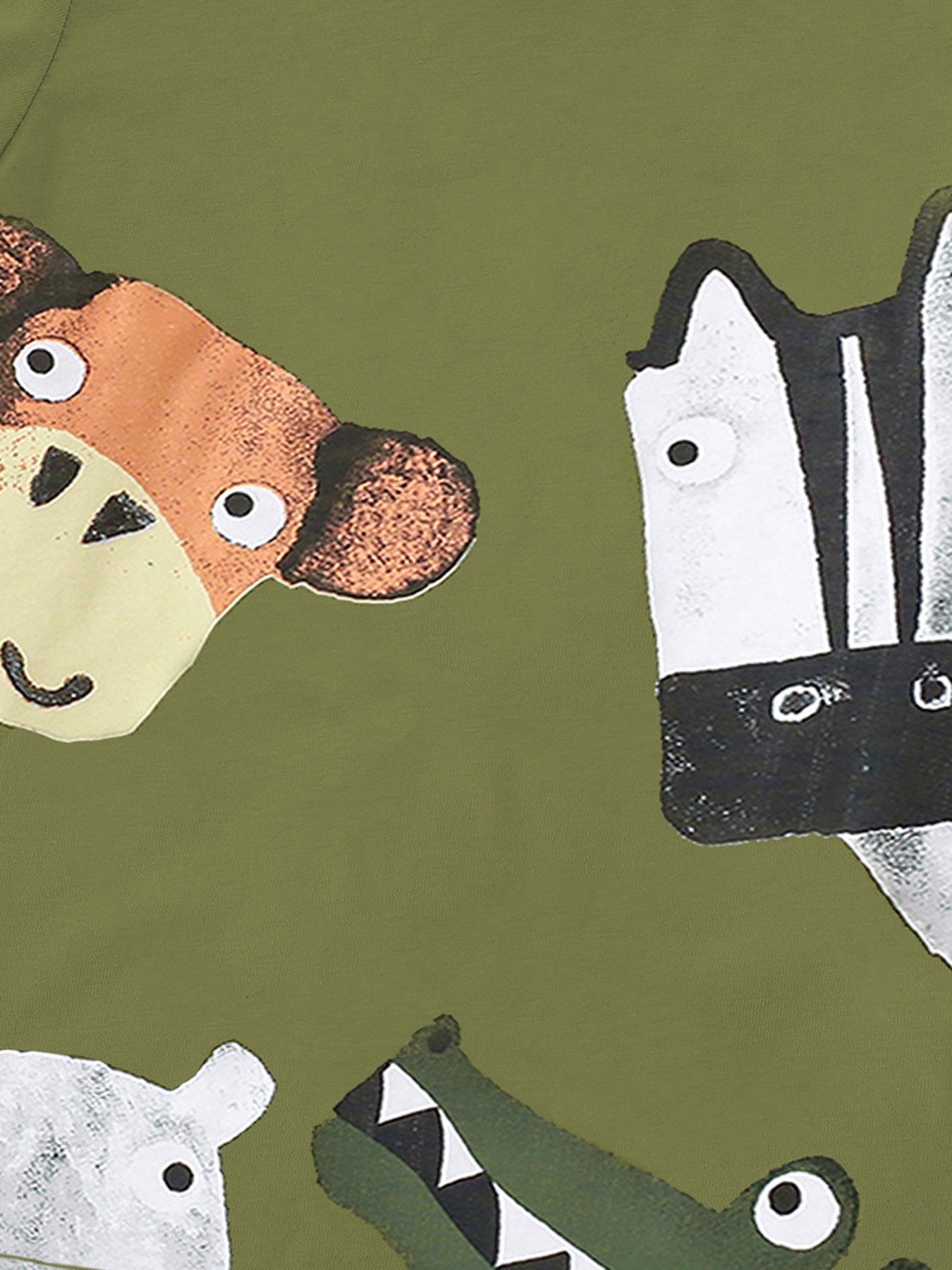 Close view of the cartoon animal print on the moss green children's tee showing detailed faces