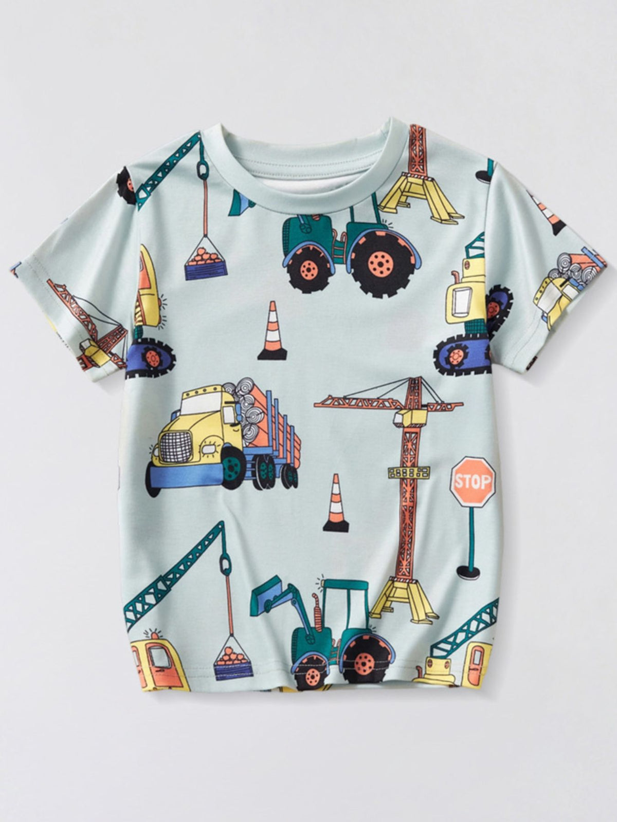 Flat front view of a light multicolor children's tee with cranes, trucks and traffic cones