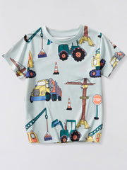 Flat front view of a light multicolor children's tee with cranes, trucks and traffic cones