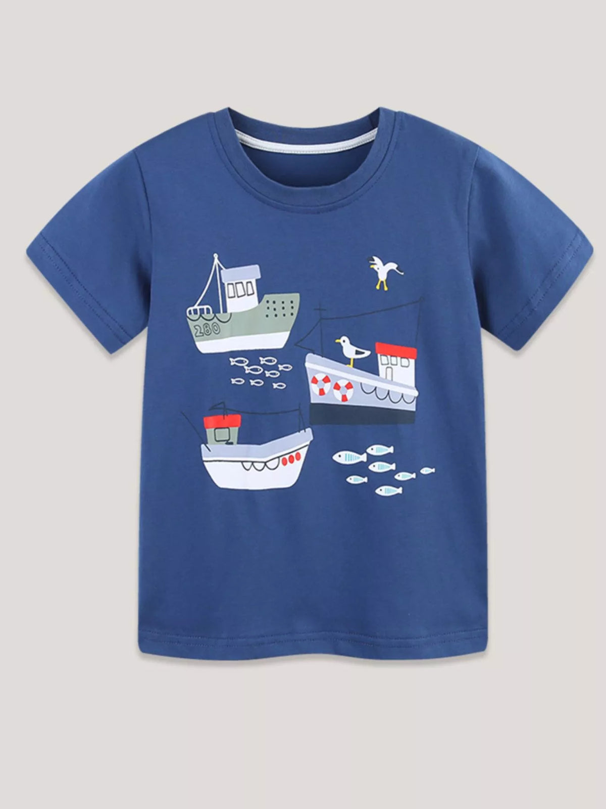 Children's dusty blue crew-neck T-shirt featuring a nautical boat print.