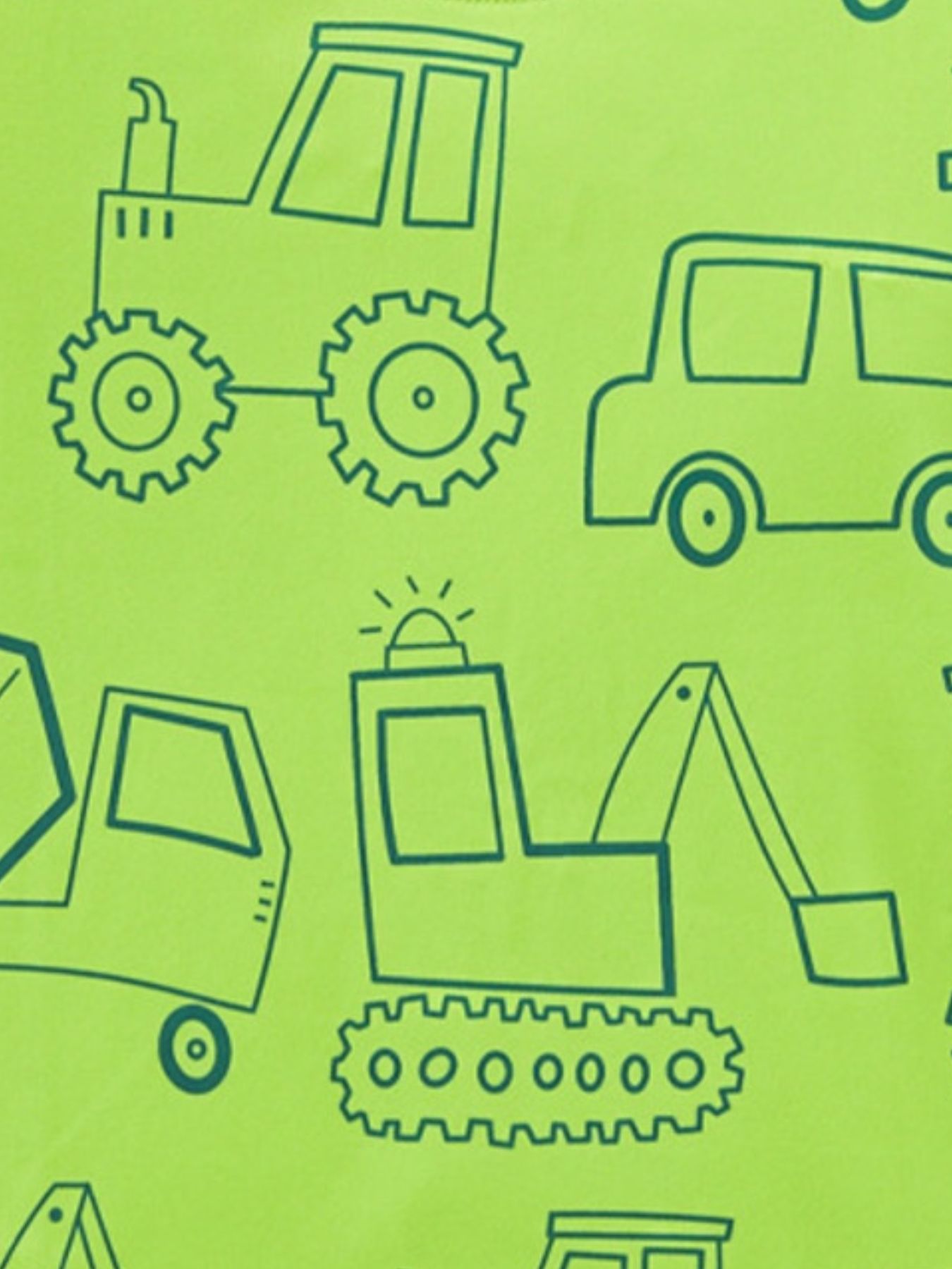 Close-up detail of the outlined tractor and excavator print on the neon green tee