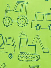 Close-up detail of the outlined tractor and excavator print on the neon green tee