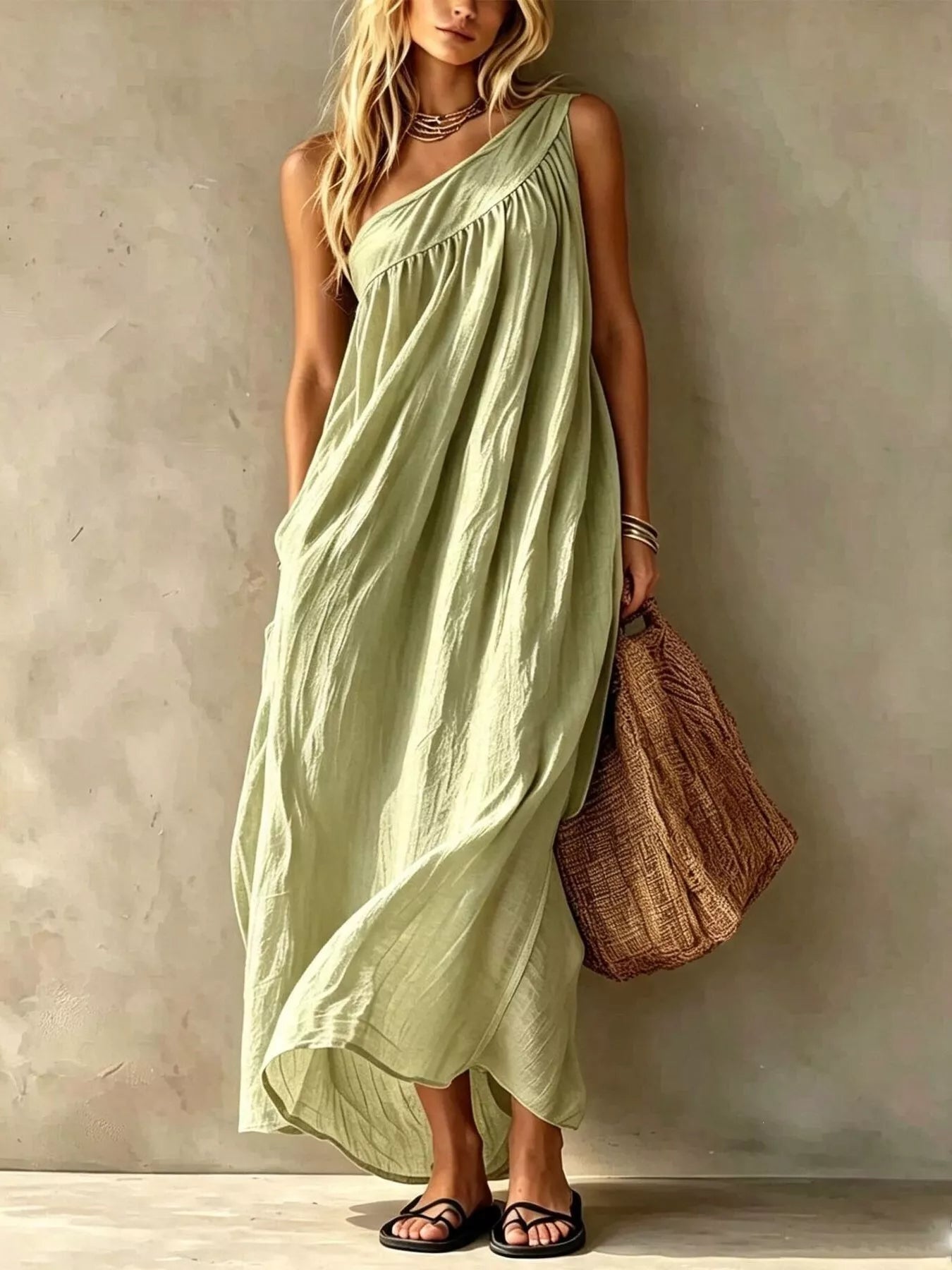 Full length front view of a sage one shoulder maxi dress with gathered bodice on a model
