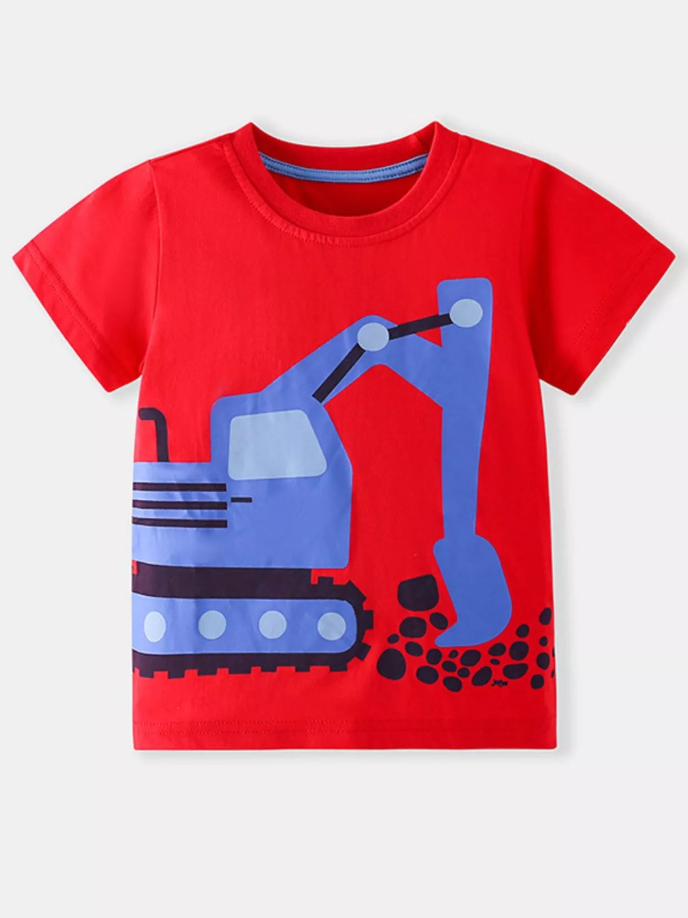 Flat lay front view of a red children's tee with a large blue cartoon excavator graphic