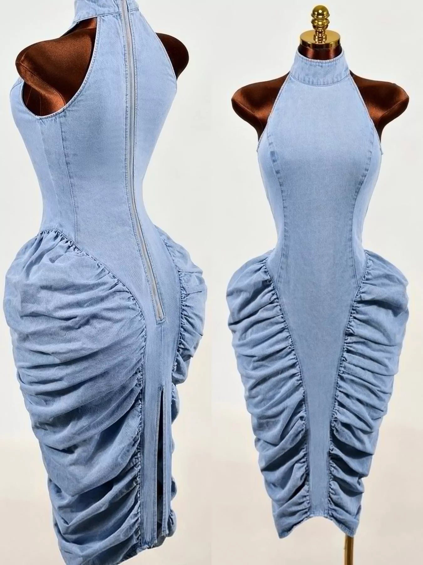 Light blue sleeveless mock neck ruched bodycon denim dress on mannequin, split back and front views