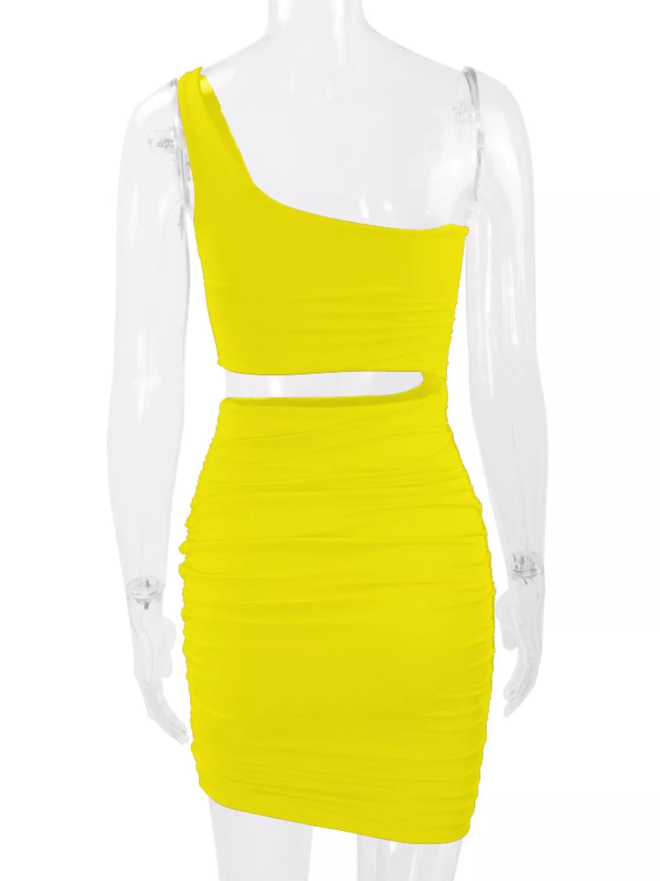 Yellow one shoulder cutout ruched bodycon mini dress on a clear mannequin back view