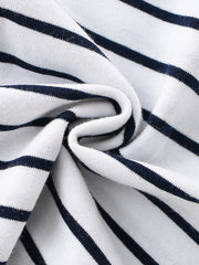Close-up of the soft white and navy striped fabric showing its texture and drape