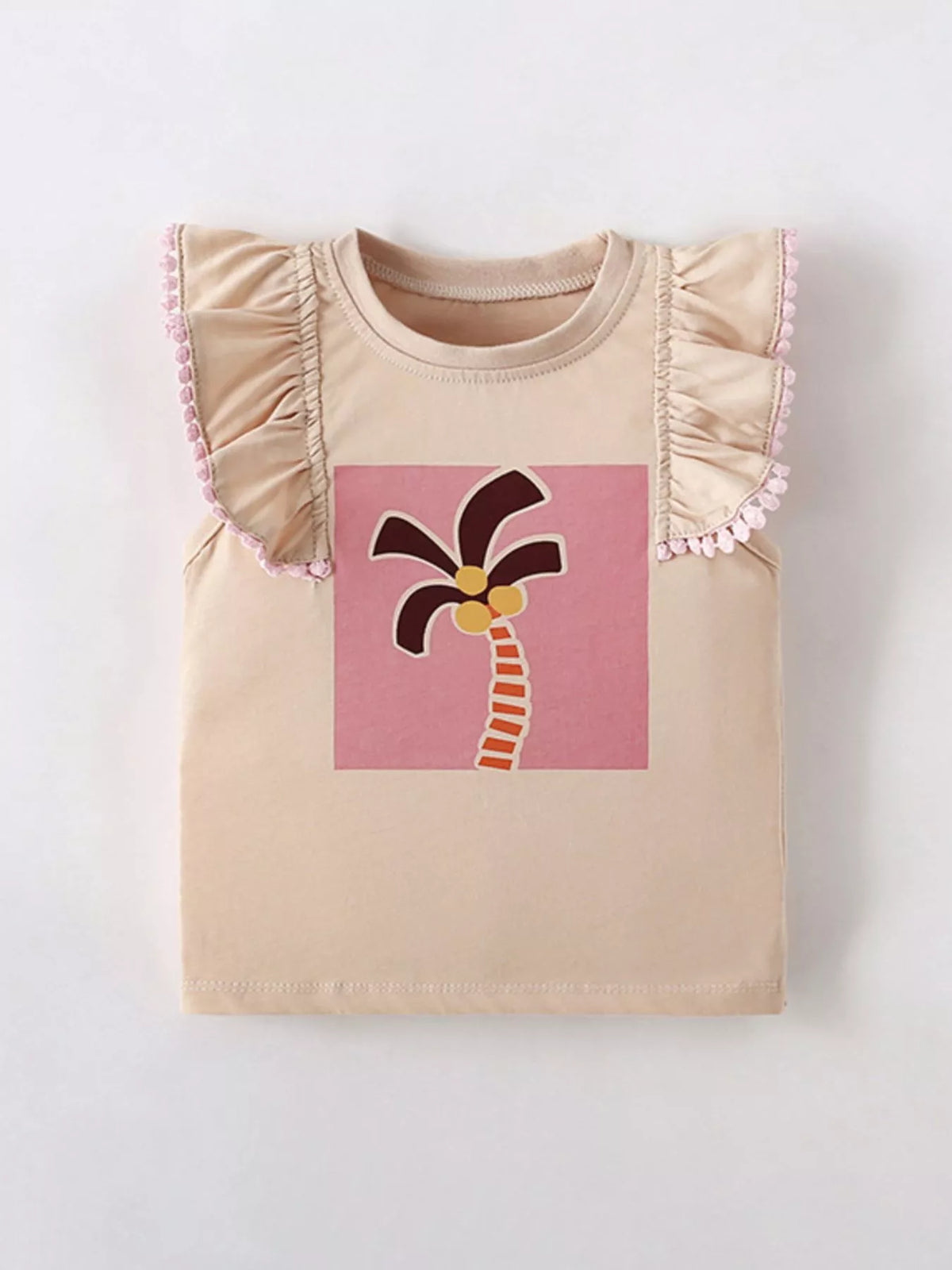 Front view of a tan children's sleeveless top with ruffle shoulders and a palm tree graphic