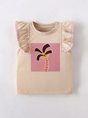 Front view of a tan children's sleeveless top with ruffle shoulders and a palm tree graphic