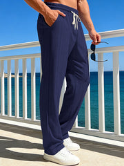 Men's casual striped pants with a drawstring waist and pockets.