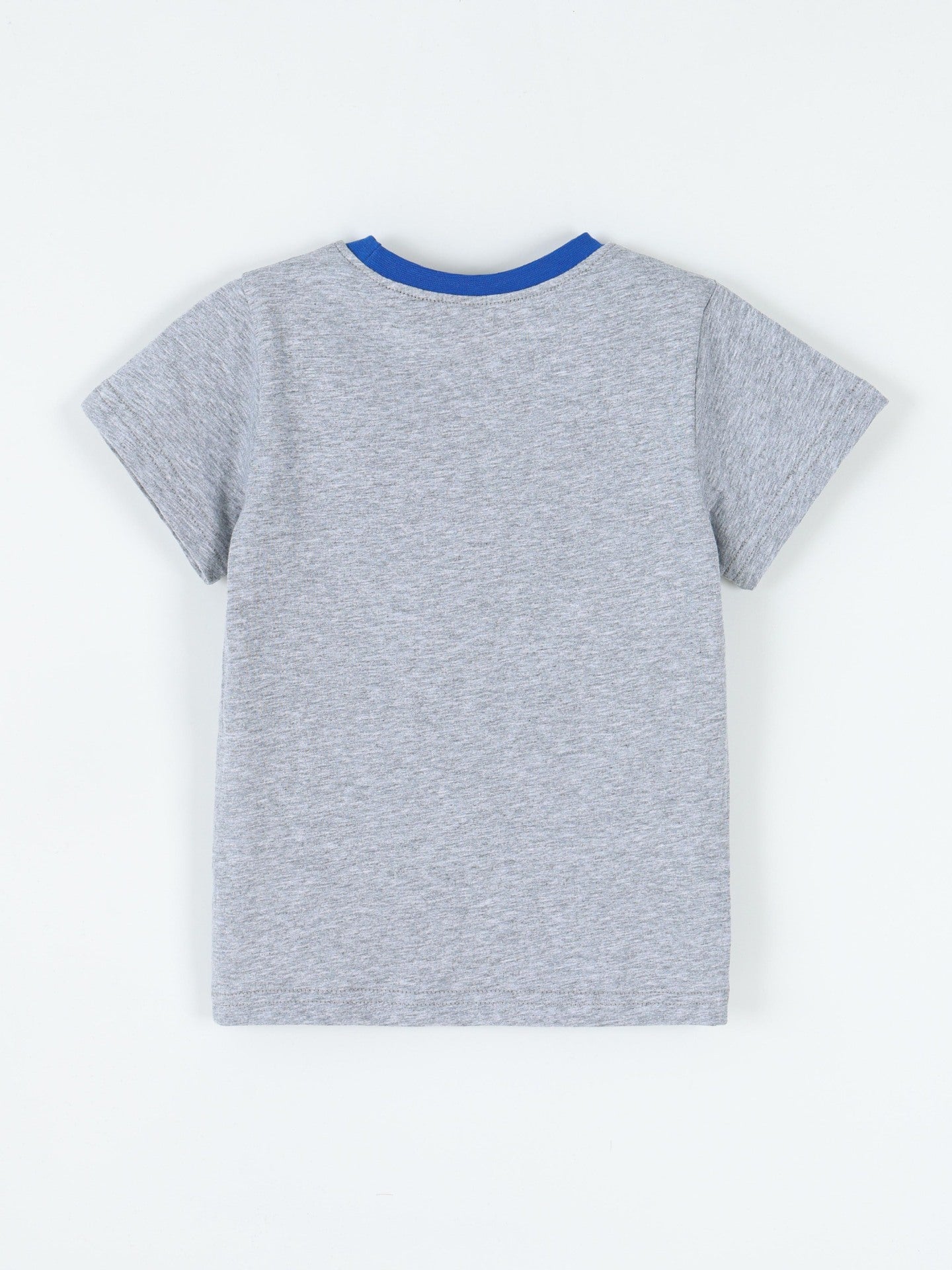 Plain back view of gray children's t-shirt with blue collar trim and no print