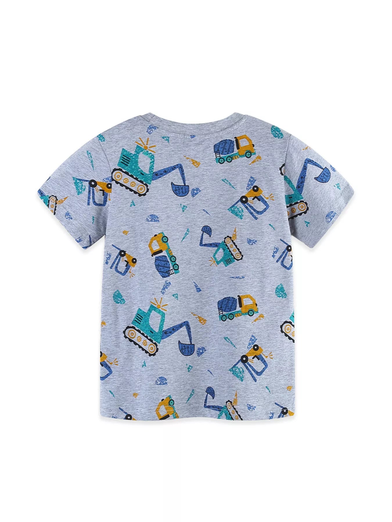 Flat back view of gray children's tee with all over excavator and truck print