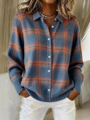 On-model front view of a blue and orange plaid button-down knit cardigan with a collar and long sleeves