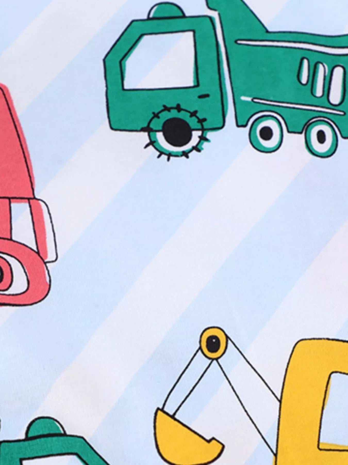 Close-up of the construction vehicle print showing a green dump truck and yellow excavator