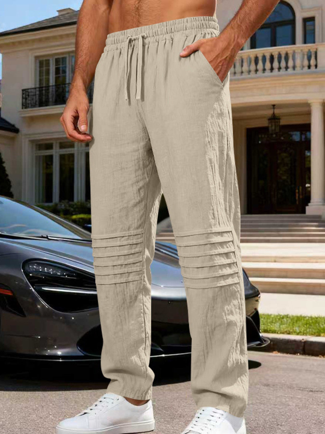 Men's casual drawstring pants with pockets.
