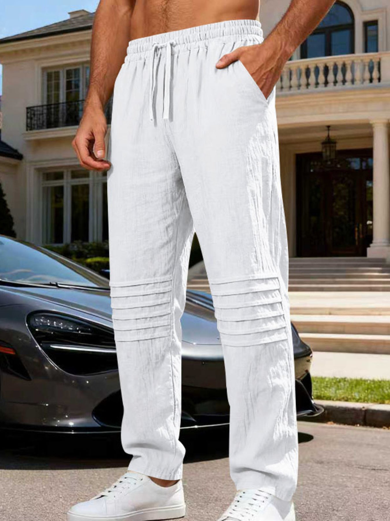 Men's casual drawstring pants with pockets.
