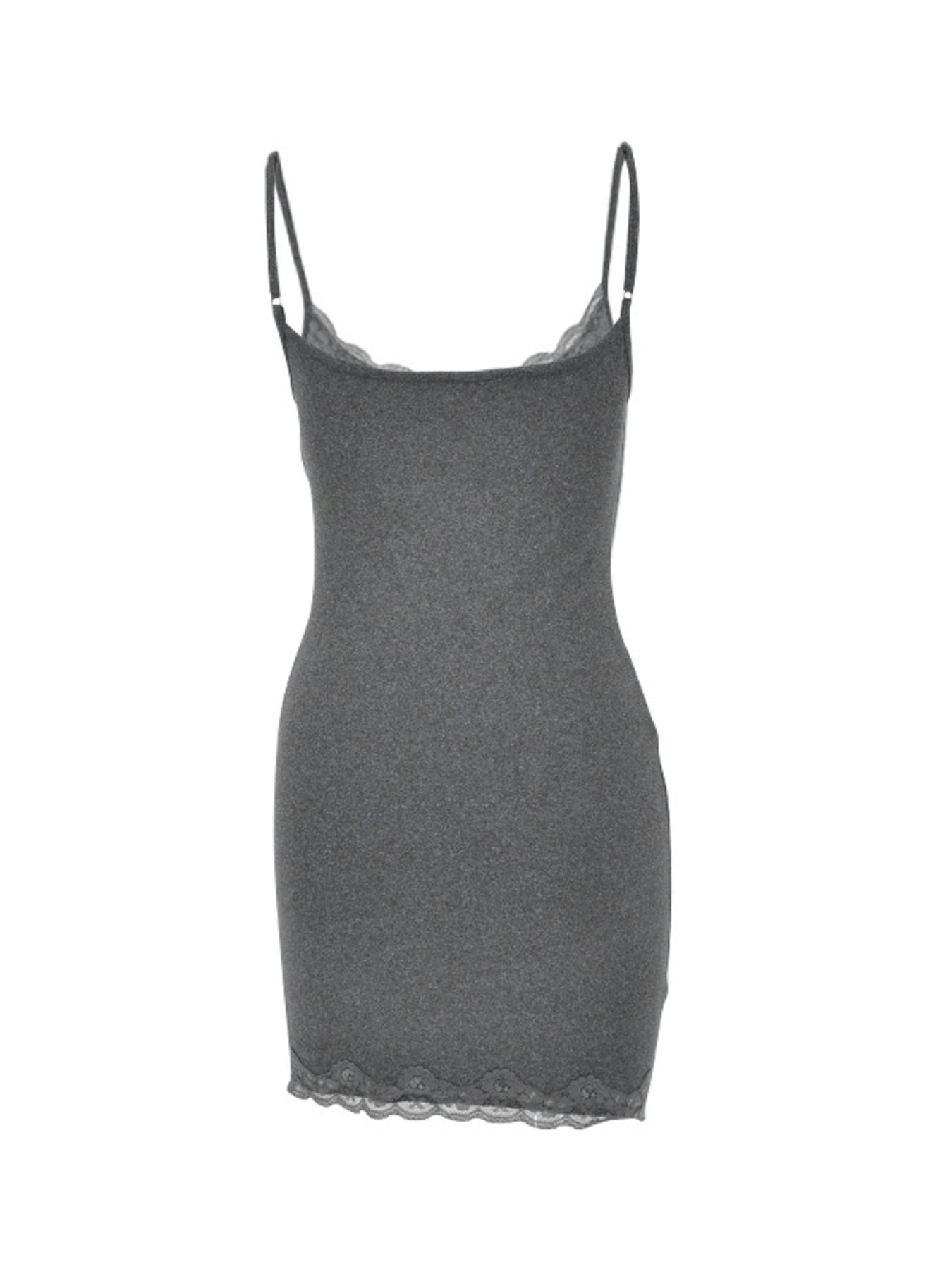 Grey lace trim bodycon mini dress shown flat, straight back view unworn