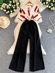 Women's printed one-piece jumpsuit with wide legs and pockets.