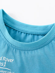 Close-up of cerulean children's t-shirt ribbed crew neckline and neat stitching detail