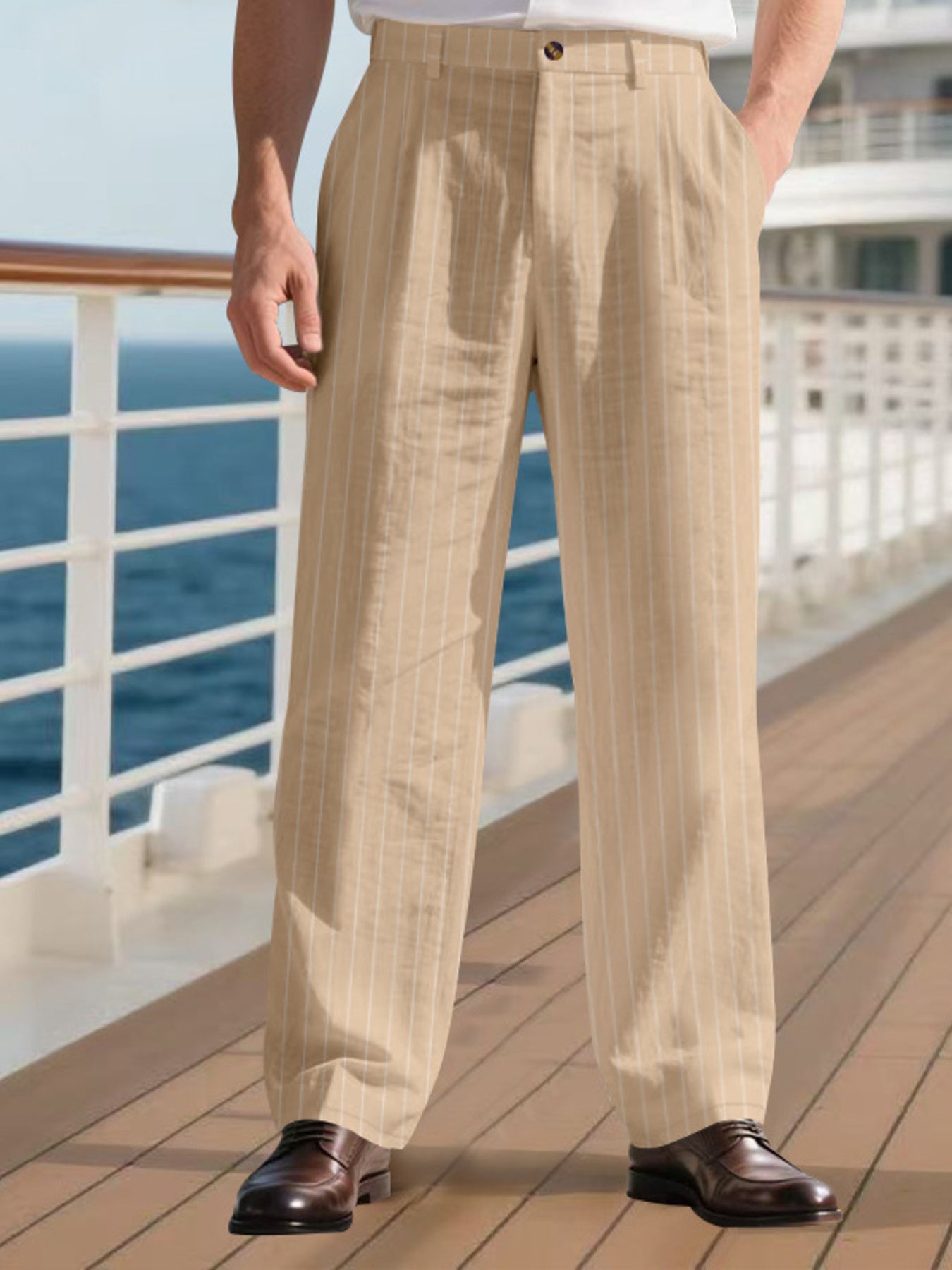 Men's khaki striped pants with wide legs and pockets.